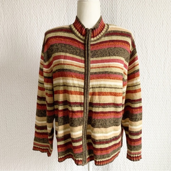Tiara Sweaters - Tiara International Vintage Striped Zip Up Cottage Core Retro
